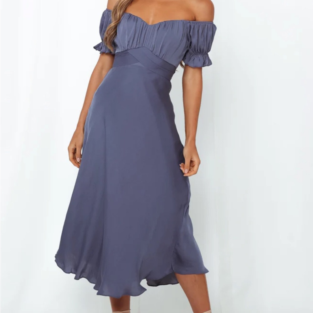 Hello Molly Off-Shoulder Midi Dress in Navy